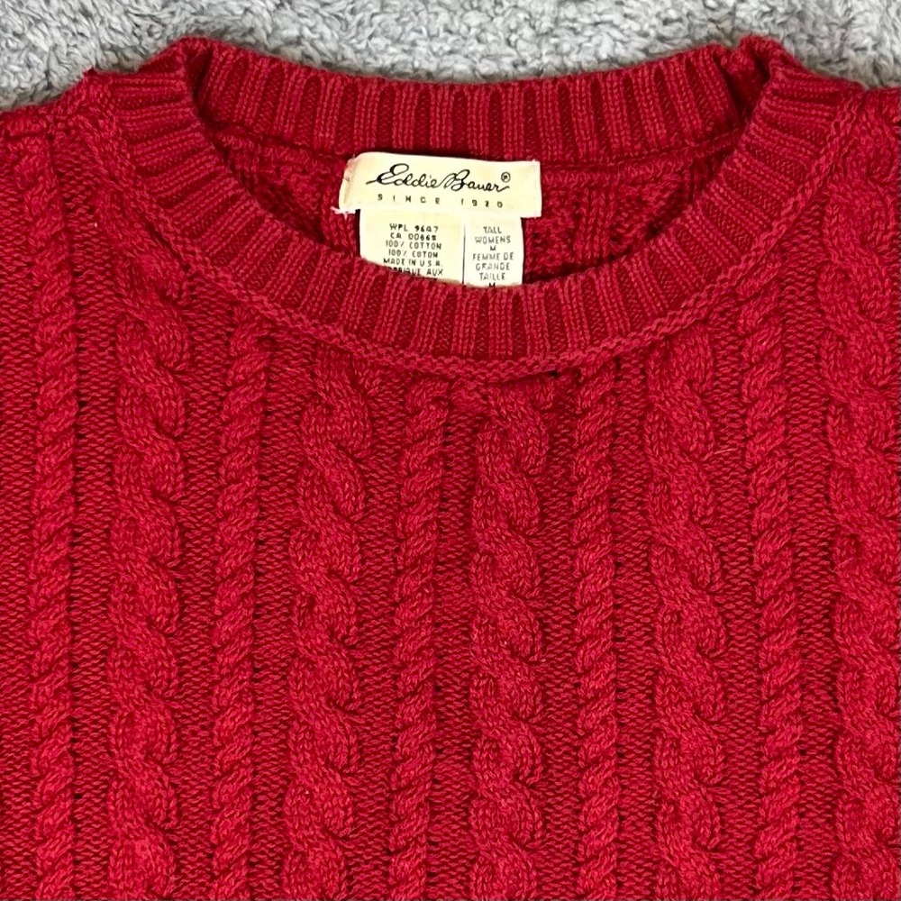 Eddie Bauer Vintage Red Cable Knit Cotton Sweater Women Tall Medium USA Made VTG